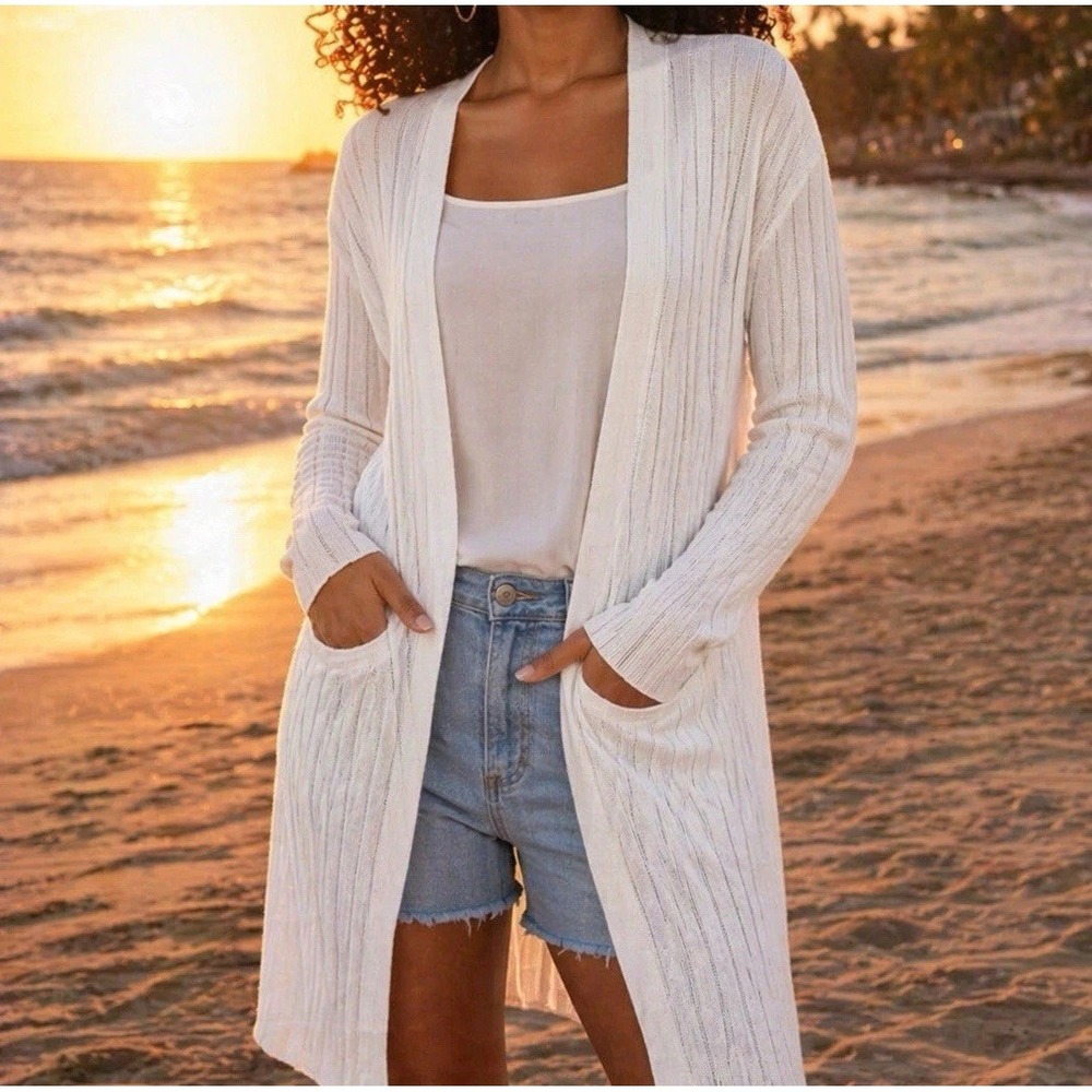 Free People Sz L White Long Cardigan Ribby Rib Lightweight Side Slits Boho Beach